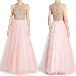 Glamour by Terani Couture Embellished Sequin and Tulle Aqua/Nude Ball Gown Sz 0